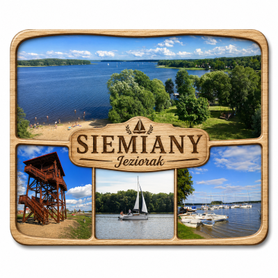 Magnes Siemiany Jeziorak z widokiem na jezioro, plażę, żaglówkę, marinę i wieżę widokową.